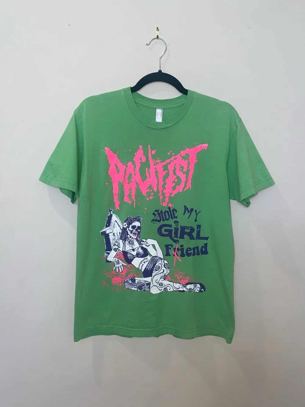 Metal Pacifist Band Green Graphic Tee with Tattooed Pinup Girl